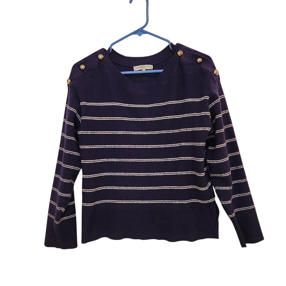 Madison+Hudson Navy Blue Striped Cozy Button Crewneck Pullover Sweater Large